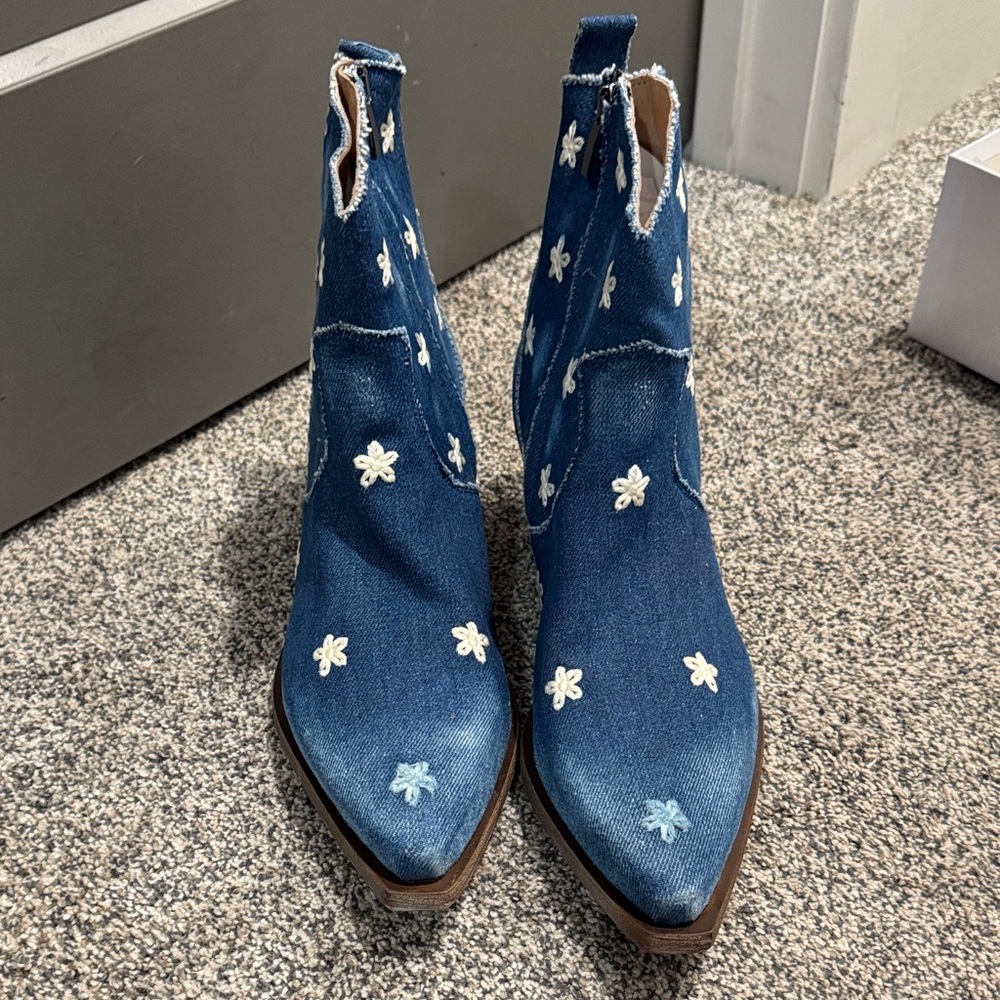 Blue Denim Ankle Boots with Floral Accents - Picture 4 of 11